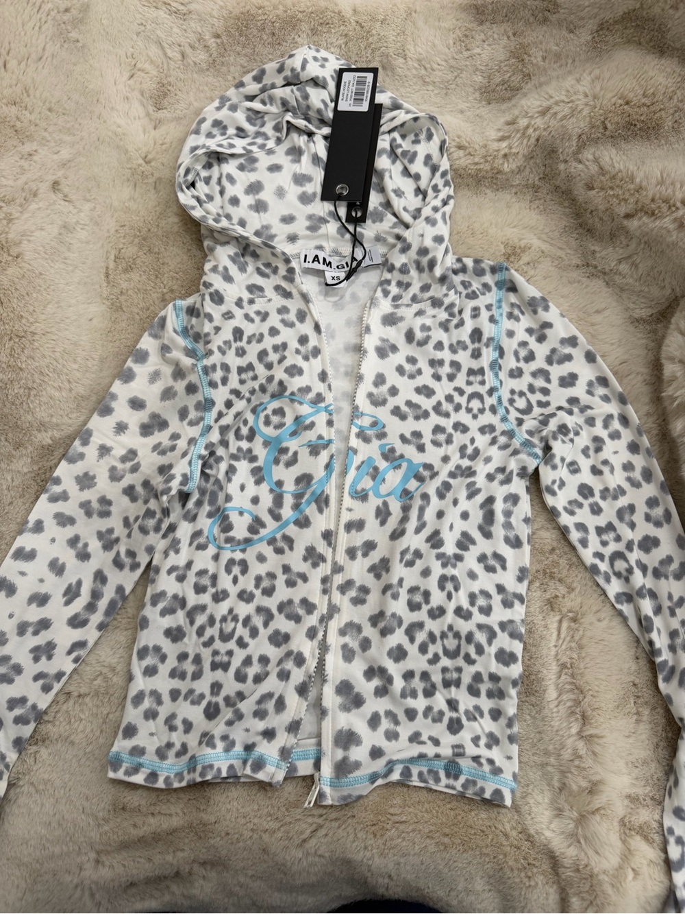 I.AM.GIA White & Gray Leopard Zip Hoodie with Aqua Logo and pants set for sale